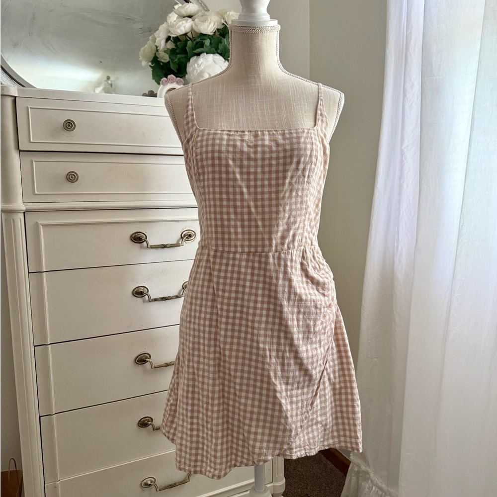Abercrombie & Fitch Women's Check Faux Wrap Mini Dress Sleeveless White/Tan SZ L